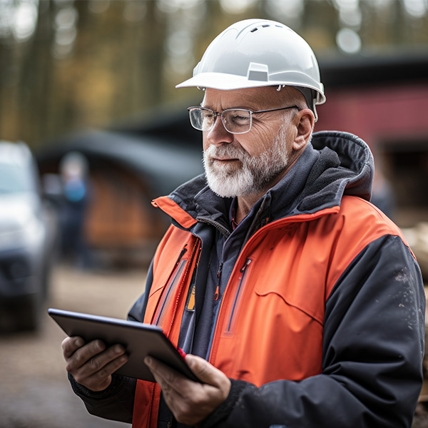 A worker viewing permit information on a tablet while on a job site